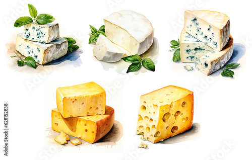 Set of drawn cheeses. Watercolor, yellow cheese with holes. Chees Feta. Gorgonzola cheese, blue cheese. Isolated on a white background. KI. photo