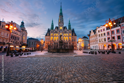 Liberec, Czech Republic. Cityscape image of downtown Liberec, Czech Republic with Liberec Town Hall and Fountain of Neptun at summer sunset. photo