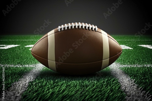 American football ball on sports field with copy space. Generative AI