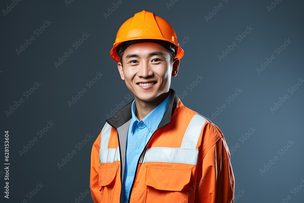 Portrait of young Asian man wearing safety helmet and reflective vest.Generative Ai
