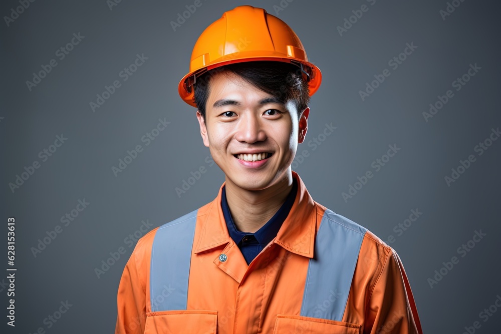 Portrait of young Asian man wearing safety helmet and reflective vest.Generative Ai Portrait of young Asian man wearing safety helmet and reflective vest.Generative Ai