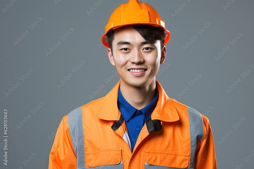 Portrait of young Asian man wearing safety helmet and reflective vest.Generative Ai Portrait of young Asian man wearing safety helmet and reflective vest.Generative Ai
