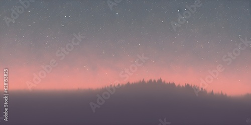 Sunset in the mountains, beautiful landscape with foggy sky, mystical vibe illustration. 