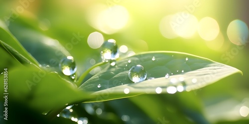 Beautiful water drops sparkle in sun on leaf in sunlight, macro. Big droplet of morning dew outdoor, beautiful round bokeh. Amazing artistic image of purity of nature