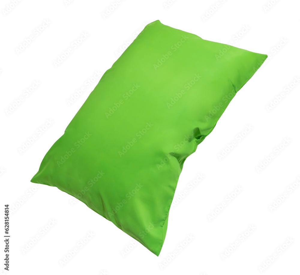 Green pillow at hotel or resort room isolated on white background with clipping path in png file format Concept of confortable and happy sleep in daily life