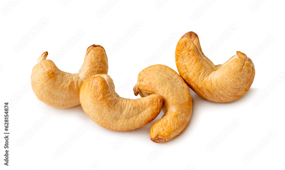 Roasted brown cashew nuts in stack isolated on white background with clipping path. Roasted brown cashew nuts in stack isolated on white background with clipping path.