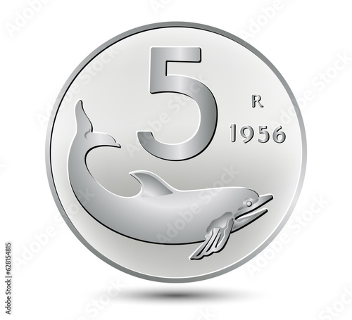 5 Italian lira with the image of a dolphin isolated on white background. Vector illustration.