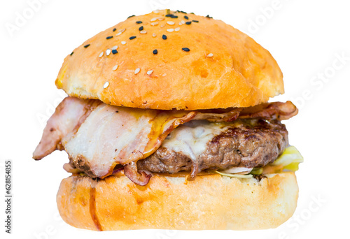 Burger with meat and bacon in a white sesame bun. Grilled juicy burger with white sauces and bacon