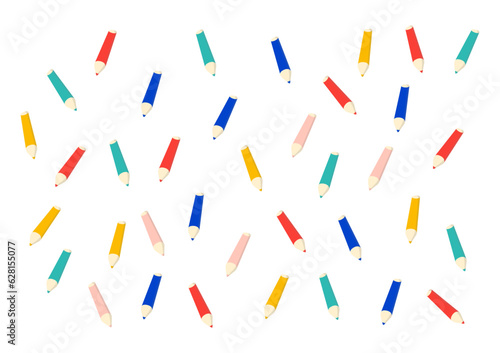 Back to school and education concept. Set of sharpened colored pencils or crayons on white background. Flat design for a banner. The art and study pictures in the classroom.