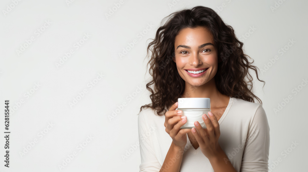 Jound woman holds jar with cosmetic cream. Attractive woman with perfect skin on gray background. Created with Generative AI technology. Jound woman holds jar with cosmetic cream. Attractive woman with perfect skin on gray background. Created with Generative AI technology.