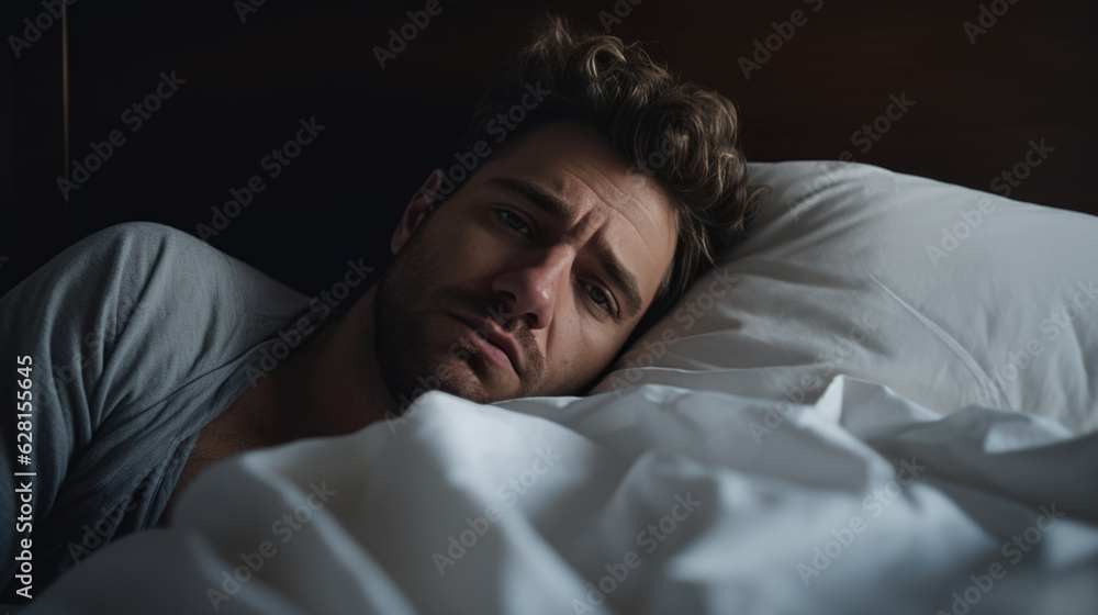 Depressed man lying in bed can't sleep late at morning with insomnia. Depressed man lying in bed can't sleep late at morning with insomnia.