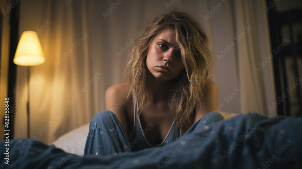 Depressed woman lying in bed can't sleep late at morning with insomnia. Depressed woman lying in bed can't sleep late at morning with insomnia.