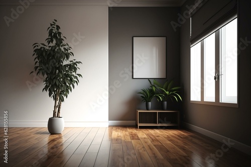 A contemporary room with empty spaces  wooden flooring  and a plant pot. Generative AI