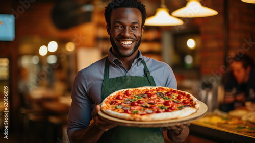 An African American male chef holds a finished pizza from the oven.