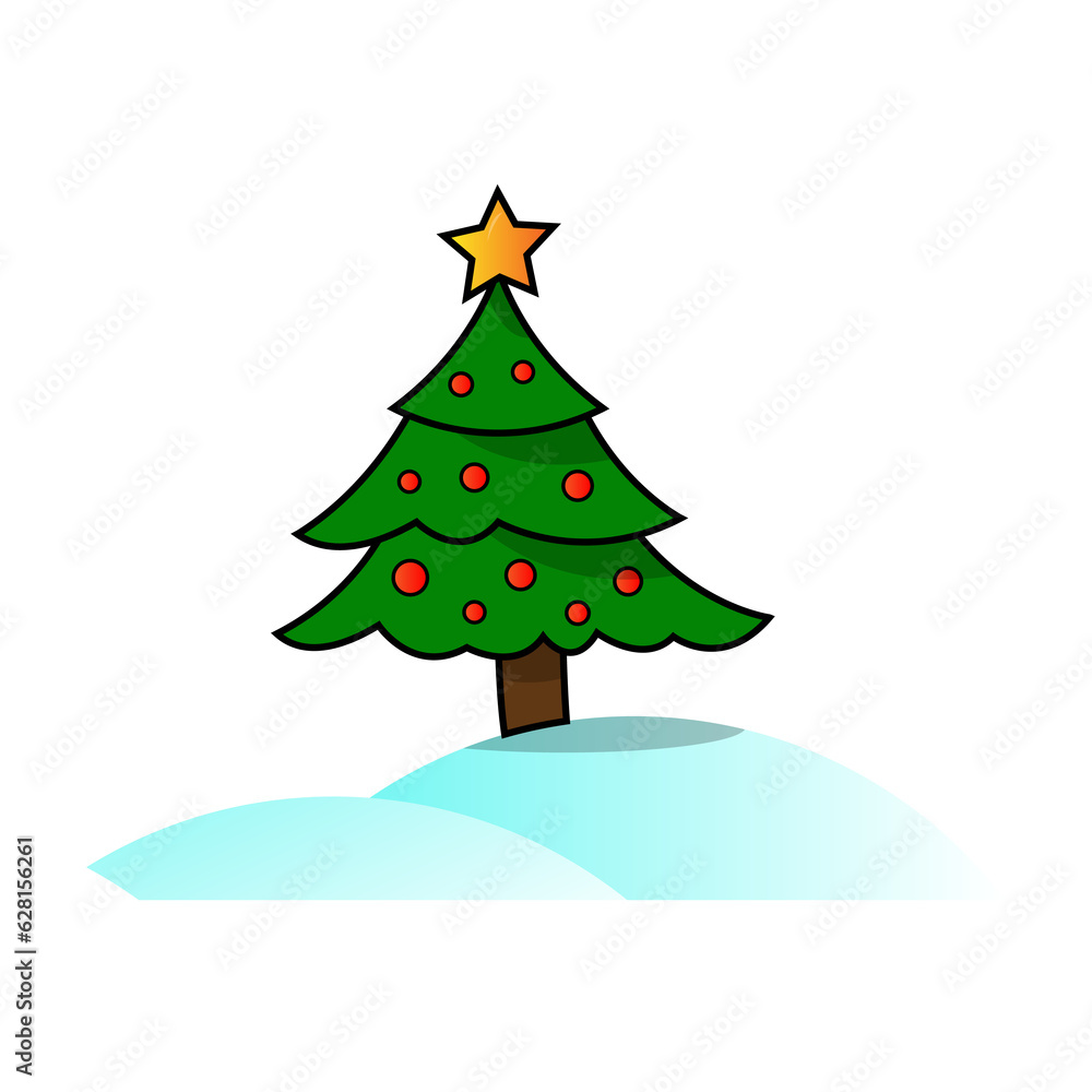 Fototapeta premium Christmas tree under the sky and on snows, the star is top of the tree