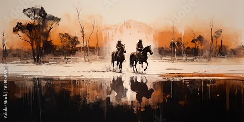 AI Generated. AI Generative. Western cowboy desert horse countryside landscape background. Adventure desert mountain scene ink draw paint sketch on canvas. © Graphic Warrior
