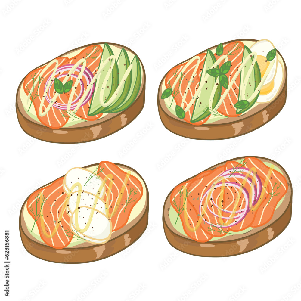 Set of delicious Open sandwich, filled with vegetables, meat, bacon. Vector in cartoon style Set of delicious Open sandwich, filled with vegetables, meat, bacon. Vector in cartoon style