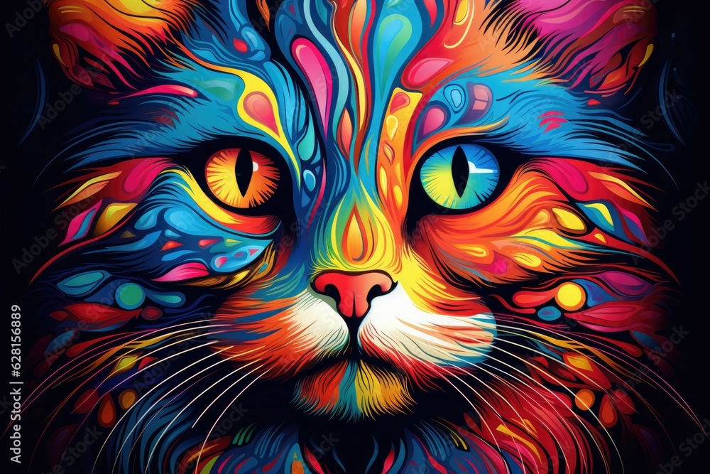 Bright multicolored illustration of a portrait of a cat on a black background.