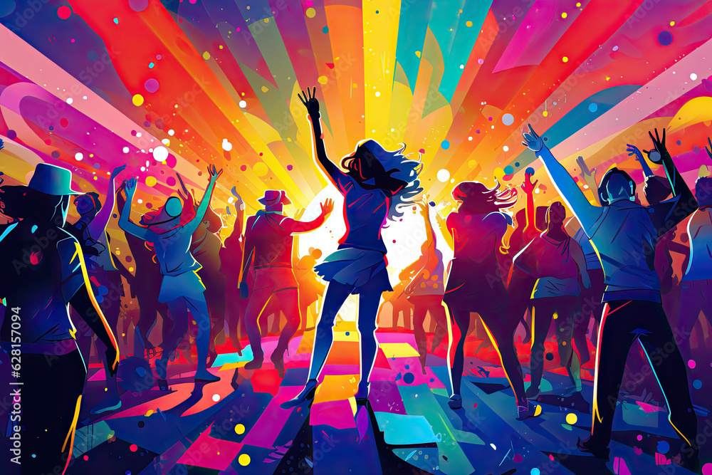 Bright multicolored illustration of a nightclub party with dancing people on the dance floor.