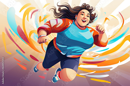 Bright multi-colored illustration of a running girl. The concept of cardio training and weight loss.
