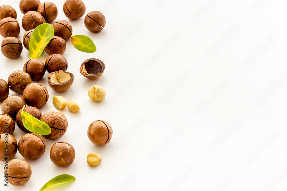 Raw macadamia nuts food. Healthy protein snack background