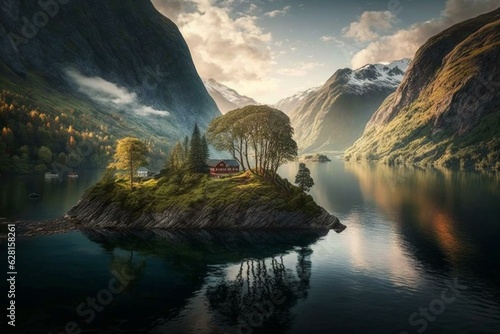 Beautiful Norwegian fjords landscape. Generative AI