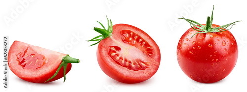 Tomato whole, cut, halves, slice on white. Tomato set isolated. Tomato with clipping path