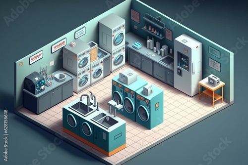 Interior of self-service laundry with isometric view and washing machines. Generative AI