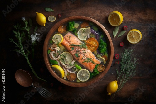 Top view of delectable salmon, mixed veggies, and lemon in a bowl on a wooden table. Generative AI