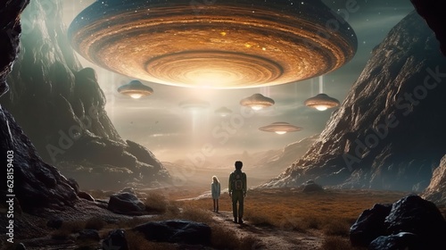 a man and woman standing in a desert with a group of ufos above. Generative AI Art.