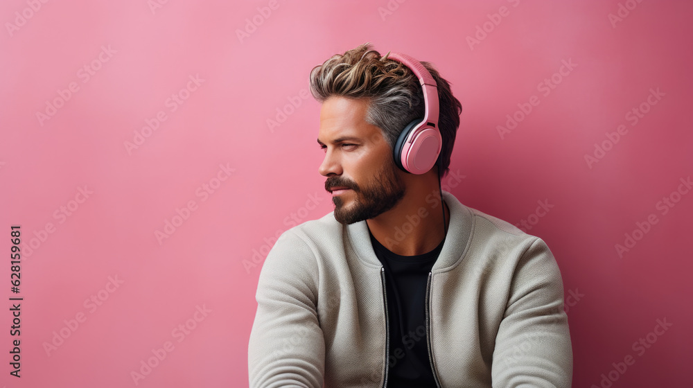Young man wearing headphones on a pink background listening to his favorite music. Young man wearing headphones on a pink background listening to his favorite music.