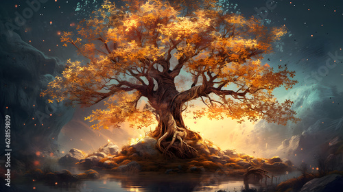 very beautiful gold tree of life in a fantasy dream