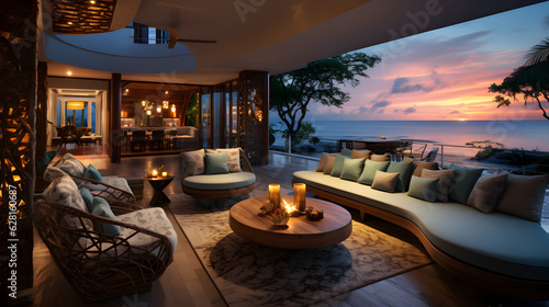 Luxurious villa with floor to ceiling windows offering breathtaking views of the ocean © Vector Market
