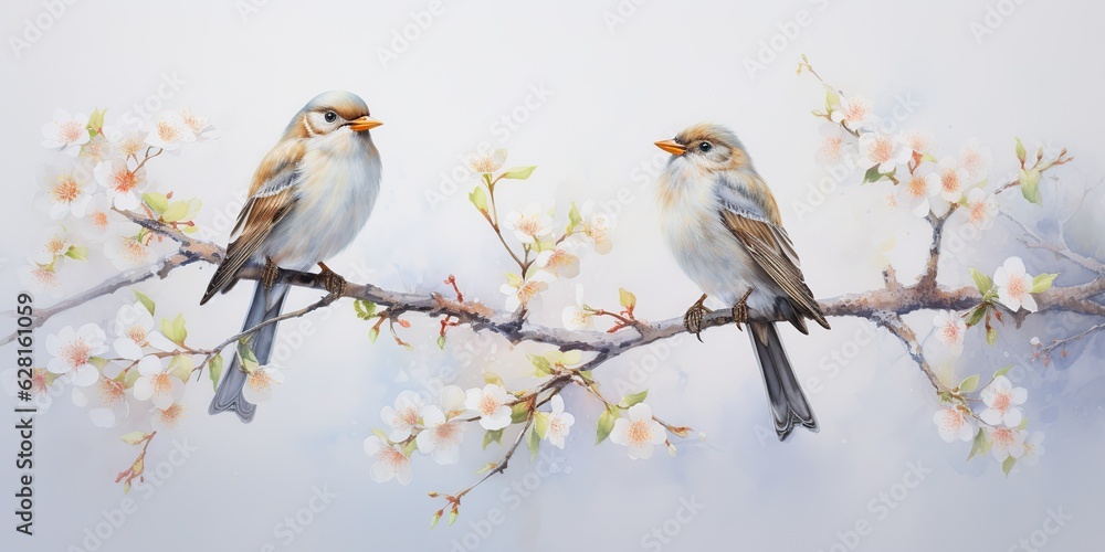 AI Generated. AI Generative. Romantic beautiful bird sitting on branch tree. Oil paint draw watercolor nature background. Graphic Art