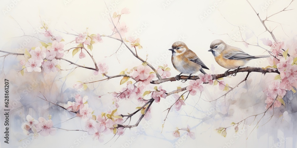 AI Generated. AI Generative. Romantic beautiful bird sitting on branch tree. Oil paint draw watercolor nature background. Soft warm colors AI Generated. AI Generative. Romantic beautiful bird sitting on branch tree. Oil paint draw watercolor nature background. Soft warm colors