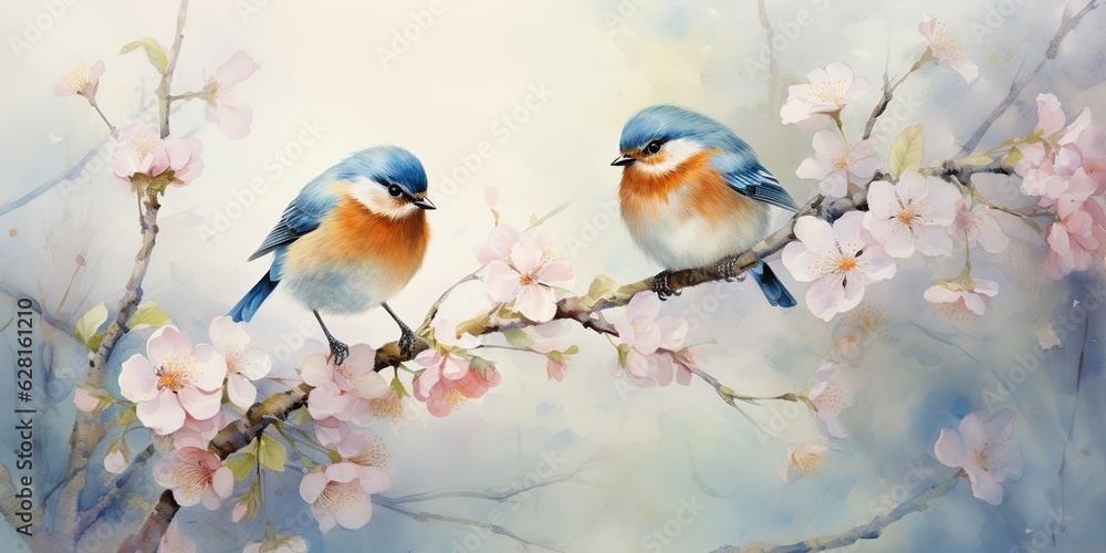 AI Generated. AI Generative. Romantic beautiful bird sitting on branch tree. Oil paint draw watercolor nature background. Soft warm colors AI Generated. AI Generative. Romantic beautiful bird sitting on branch tree. Oil paint draw watercolor nature background. Soft warm colors