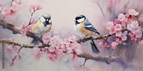 AI Generated. AI Generative. Romantic beautiful bird sitting on branch tree. Oil paint draw watercolor nature background. Soft warm colors