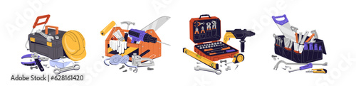 Construction toolkit set. Engineer's tools for builder: drill, helmet, saw, pry bar. Toolbox with different instruments for repair, renovation. Flat isolated vector illustration on white background