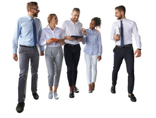 Modern business people discussing business and smiling while walking through the office corridor