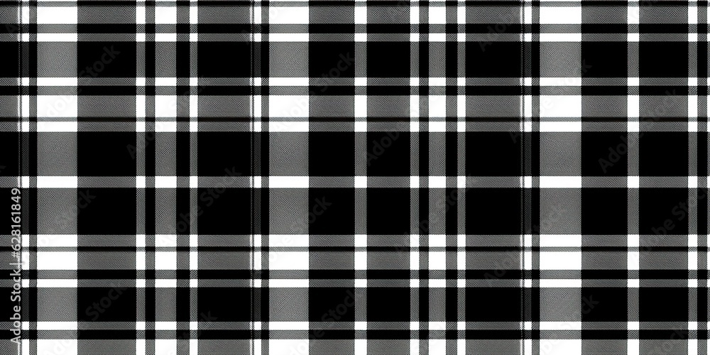 Seamless simple plaid gingham checker pattern. Tileable black and white tartan textile background. Trendy picnic or lumberjack menswear motif, ideal for flannel shirt, scarf, blanket, or towel