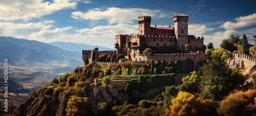 view of Medieval castle overlooking the vineyards. Generative Ai