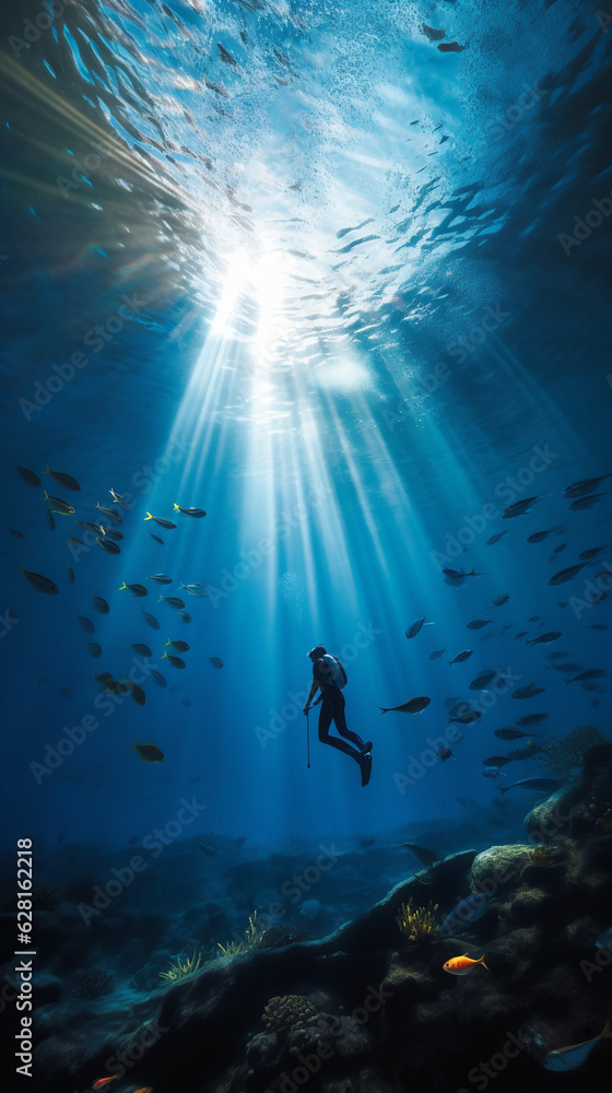 A scuba diver, clad in their gear, navigates the mysterious depths of the underwater world. 