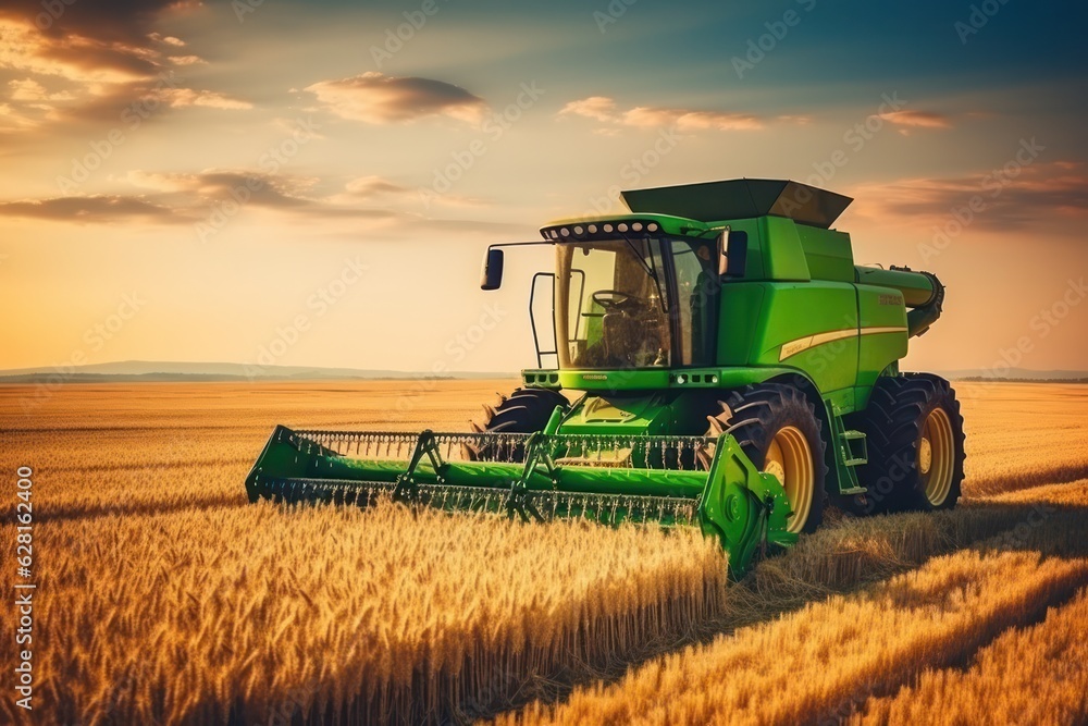 Fototapeta premium Harvesting Gold: Combine Reaper with Cutterbar Gathers Wheat in Vast Cereal Field.