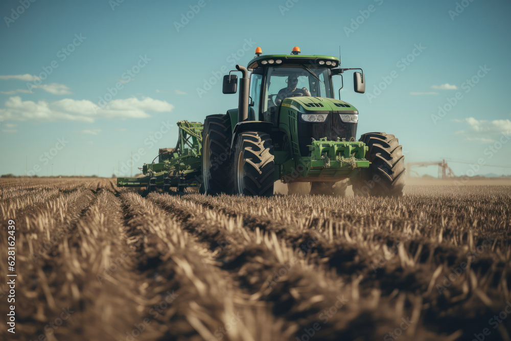 Fototapeta premium Cereal Harvest in Action: Tractor Combine Harvester in Agriculture Field.