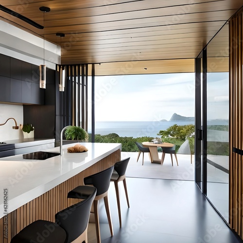 Step into the epitome of modern living with our kitchen and dining design. The space exudes contemporary elegance with a natural mount glass wall  offering breathtaking scenic views against a light