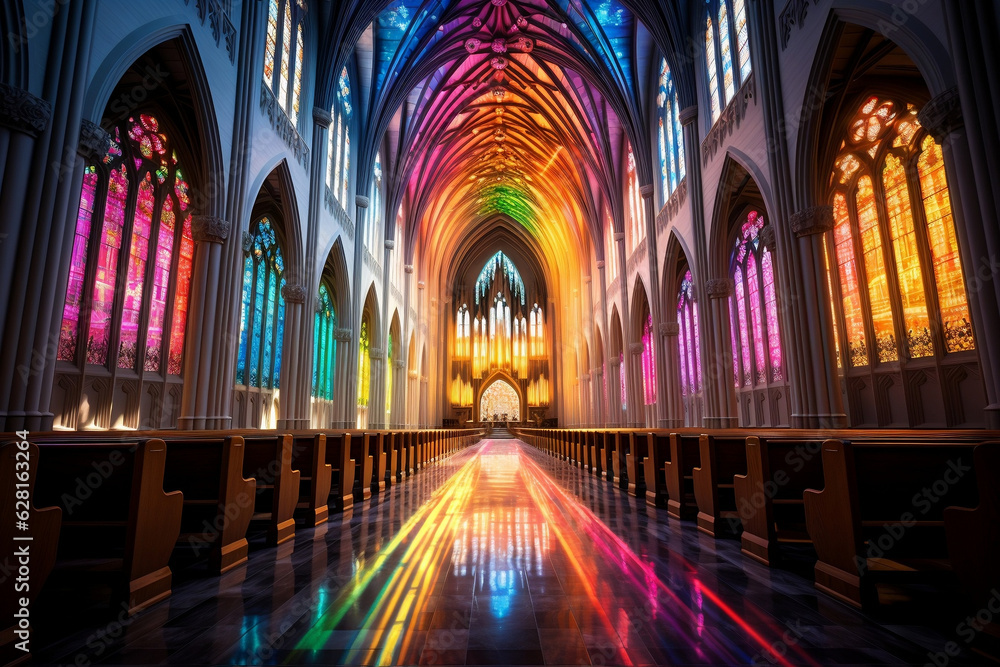 Fototapeta premium Radiant Rainbow Delights: Stained Glass Illuminates Grand Cathedral's Pearl Gates