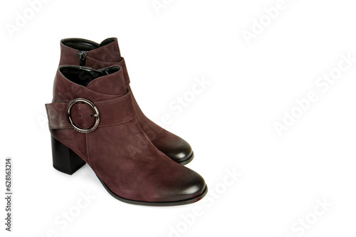 New female ankle boots isolated on white . Free space for text.