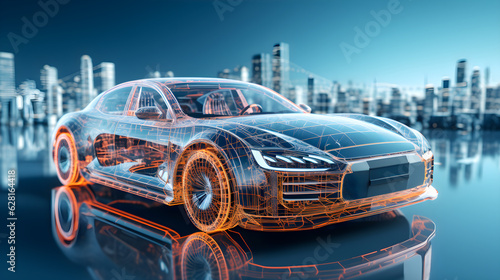 Wireframe rendering of electric car on light blue city background