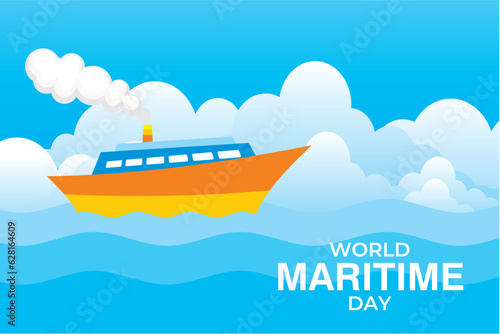 World Maritime Day. Vector illustration of a ship in the ocean