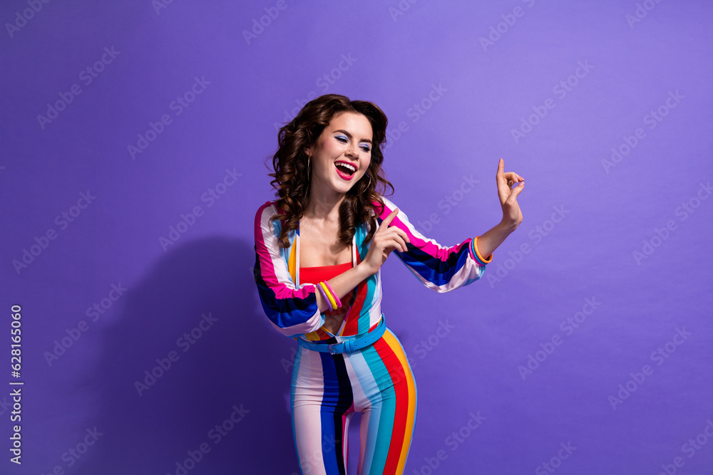 Photo of cool energetic lady have fun on 70s retro style event occasion dance isolated vivid color background